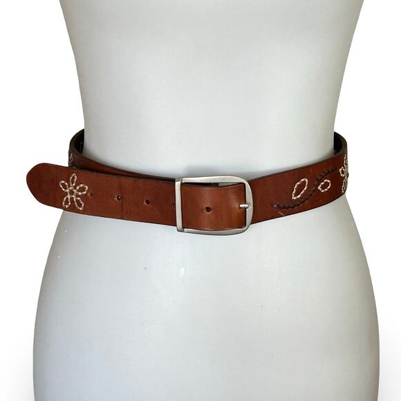 VTG 90s Nordstrom Handmade Leather Floral Stitched Belt Brown Sz M main image 5